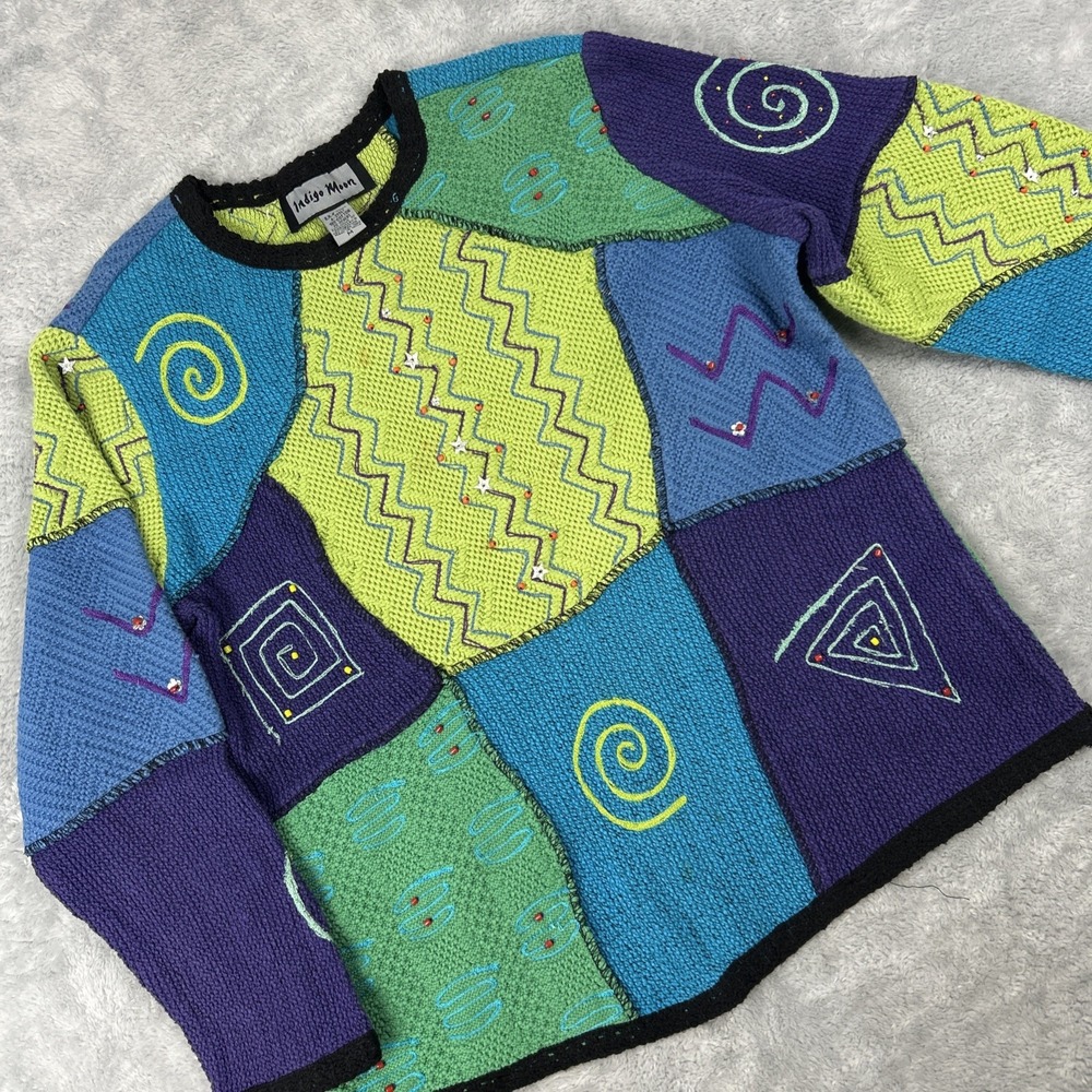 Women's Vintage Indigo Moon Sweater Multi Colored Bohemian Size M Cotton Heavy